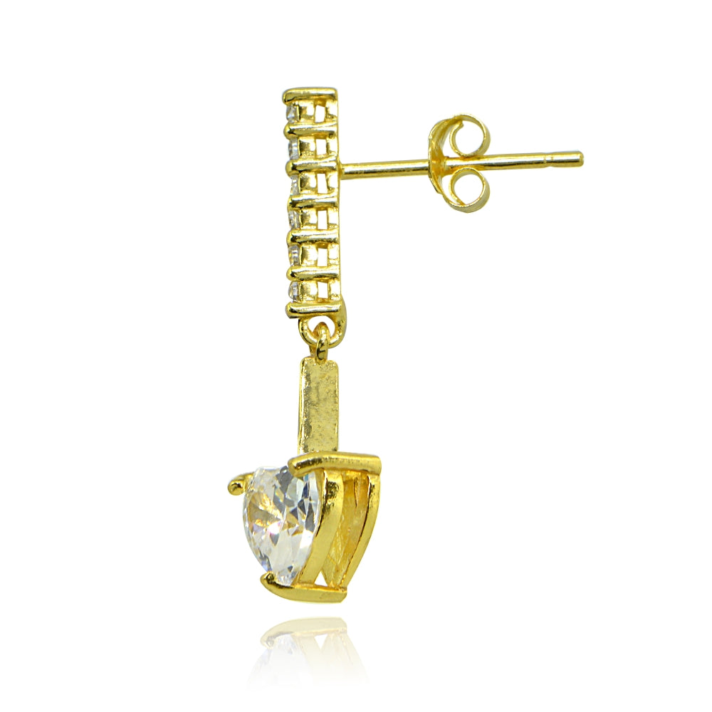Yellow Gold Flashed Sterling Silver Cubic Zirconia Heart Encrusted Bar Statement Dangle Drop Earrings-2