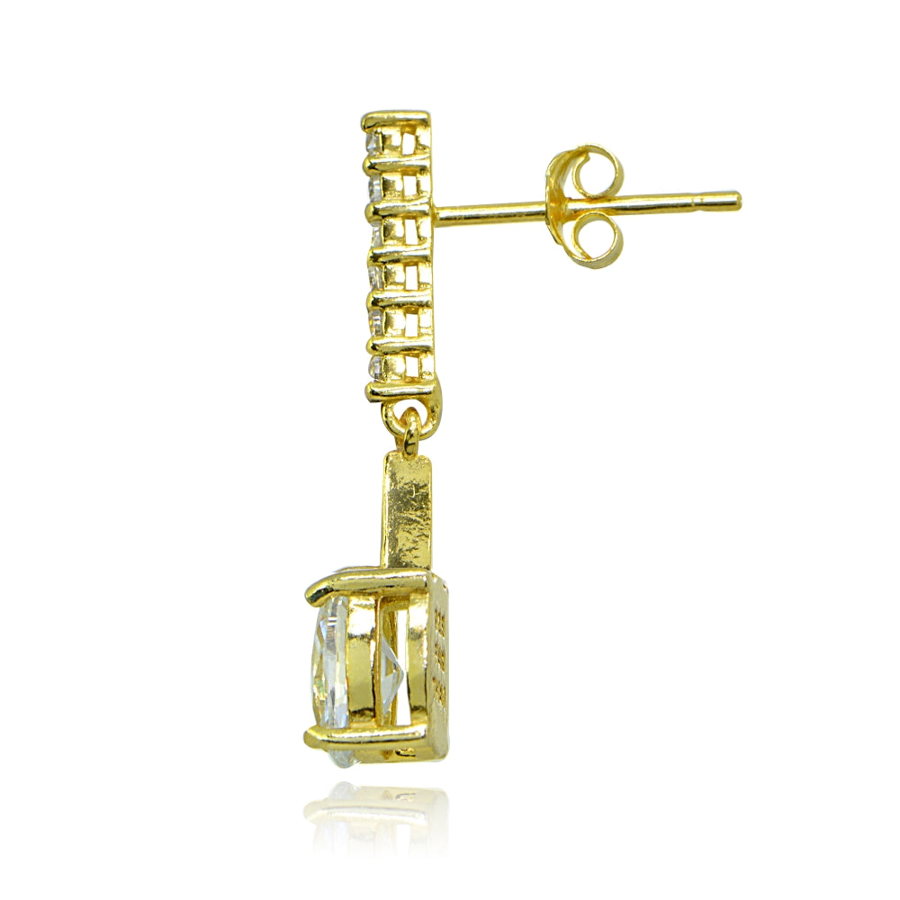 Yellow Gold Flashed Sterling Silver Cubic Zirconia Oval-cut Encrusted Bar Statement Dangle Drop Earrings-2