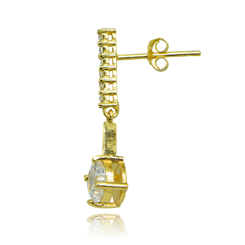 Yellow Gold Flashed Sterling Silver Cubic Zirconia Round-cut Encrusted Bar Statement Dangle Drop Earrings-2