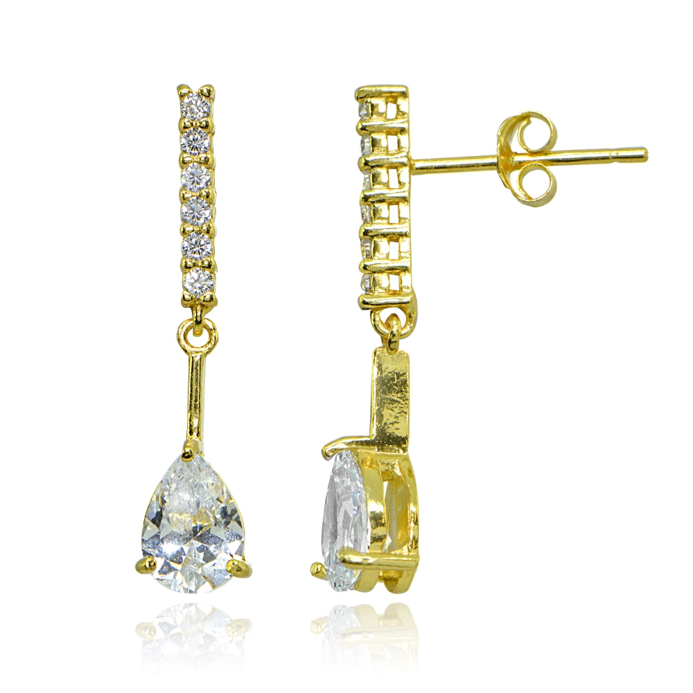 Yellow Gold Flashed Sterling Silver Cubic Zirconia Teardrop Encrusted Bar Statement Dangle Drop Earrings