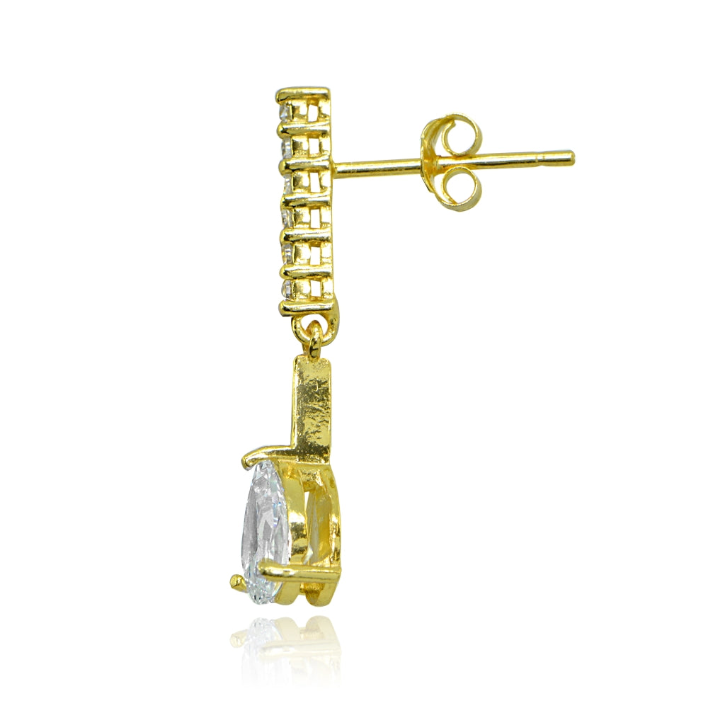 Yellow Gold Flashed Sterling Silver Cubic Zirconia Teardrop Encrusted Bar Statement Dangle Drop Earrings-2
