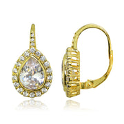 Yellow Gold Flashed Sterling Silver Polished Cubic Zirconia Teardrop Halo Leverback Earrings