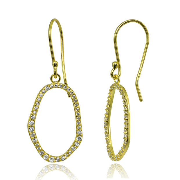 Yellow Gold Flashed Sterling Silver Polished Cubic Zirconia Geometric Dainty Fishhook Dangle Earrings