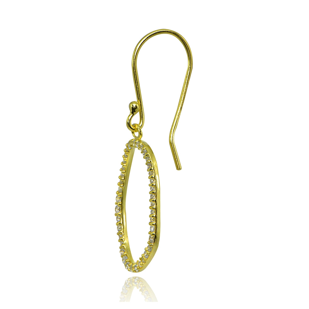 Yellow Gold Flashed Sterling Silver Polished Cubic Zirconia Geometric Dainty Fishhook Dangle Earrings-2