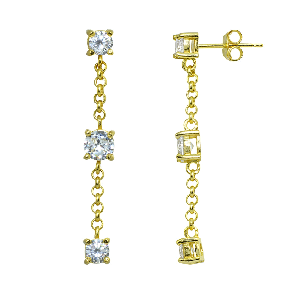 Yellow Gold Flashed Sterling Silver Cubic Zirconia Round Long Drop Chain Dangle Earrings