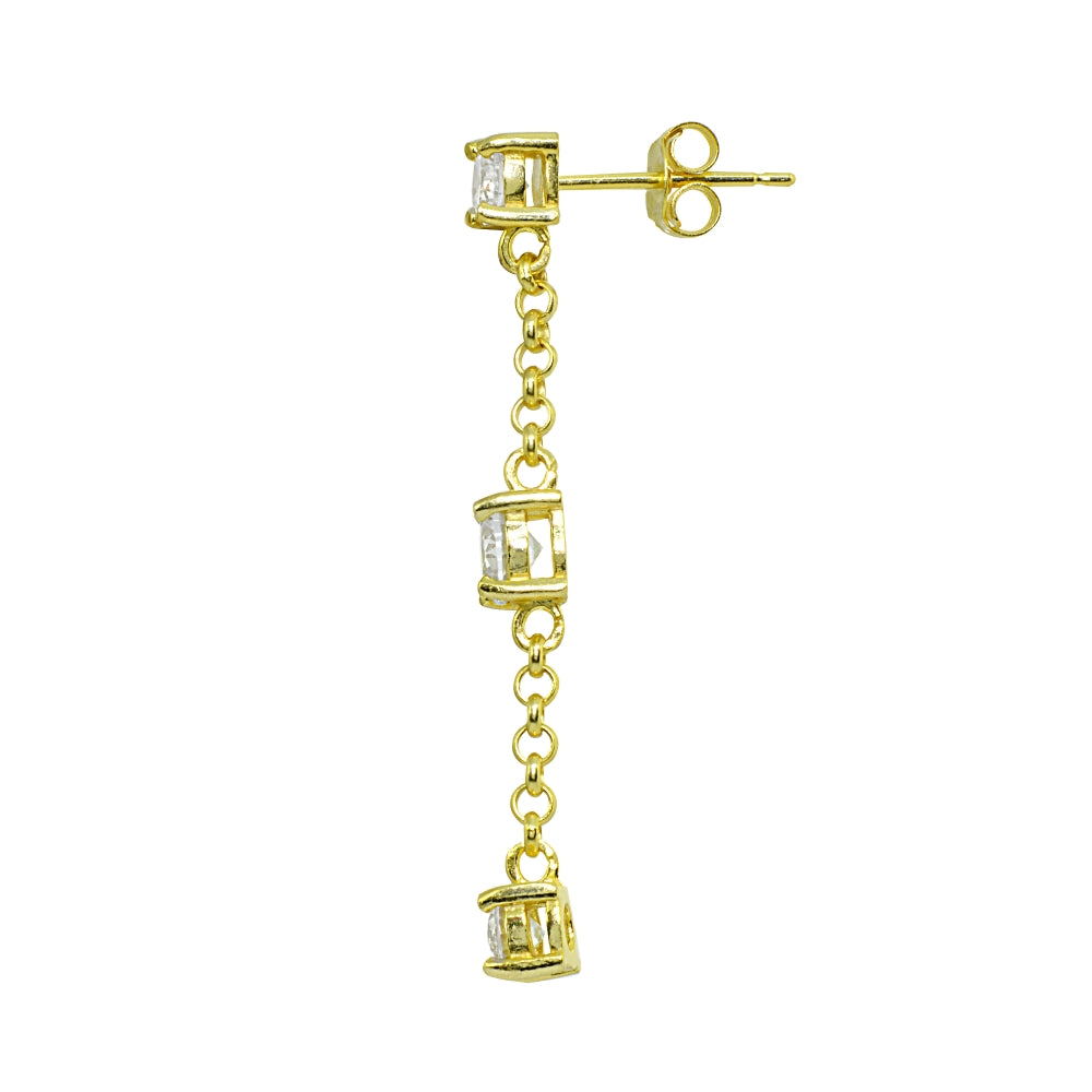 Yellow Gold Flashed Sterling Silver Cubic Zirconia Round Long Drop Chain Dangle Earrings-2