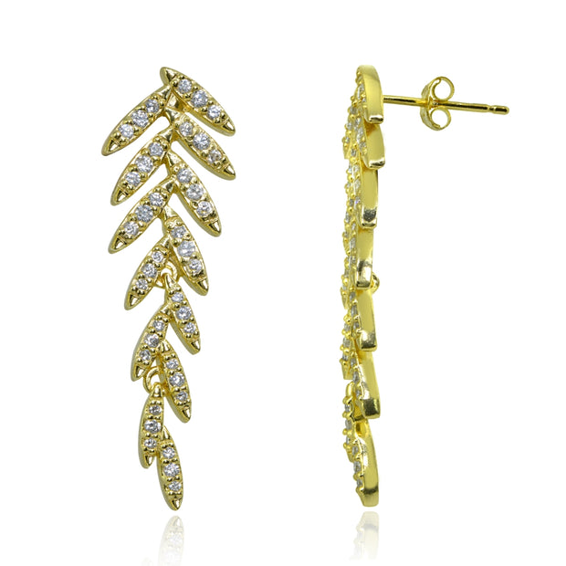 Yellow Gold Flashed Sterling Silver Cubic Zirconia Round Polished Leaf Drop Earrings