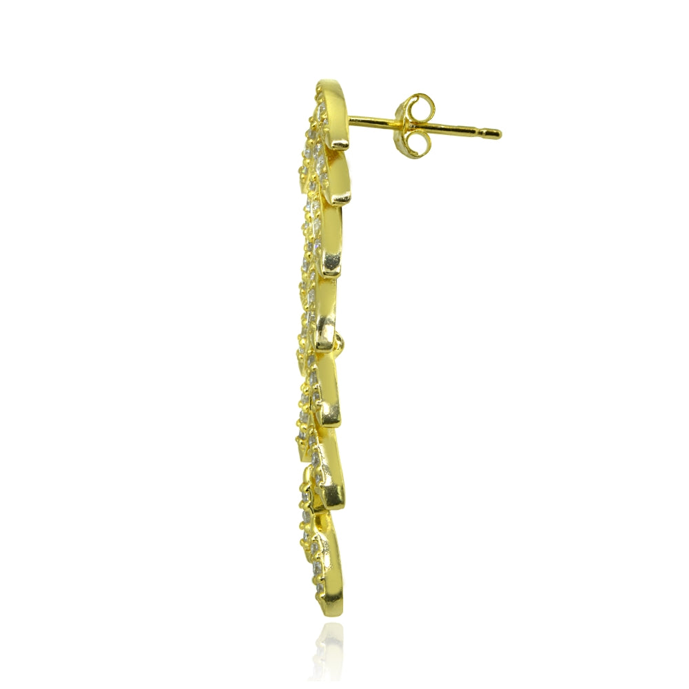 Yellow Gold Flashed Sterling Silver Cubic Zirconia Round Polished Leaf Drop Earrings-2