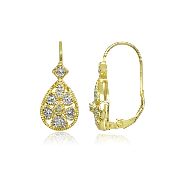 Gold Flash Sterling Silver Diamond Accent Filigree Heart Flower Teardrop Leverback Earrings