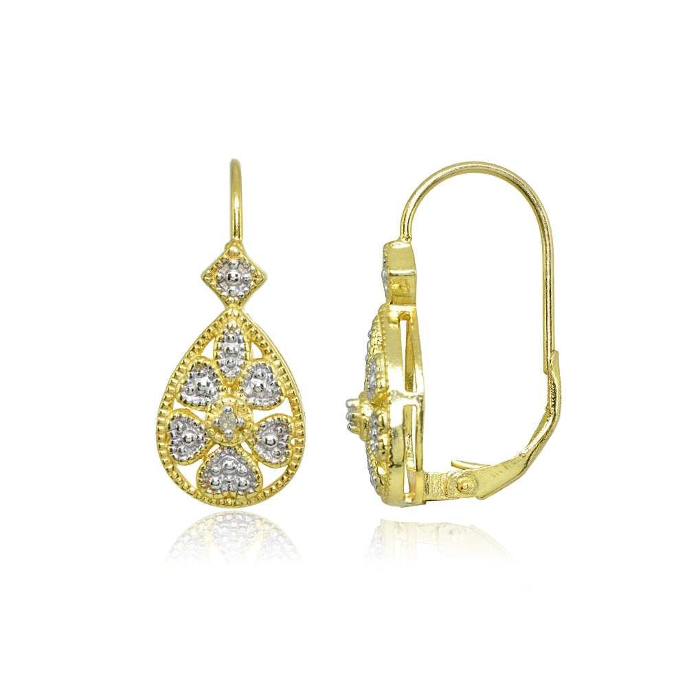 Gold Flash Sterling Silver Diamond Accent Filigree Heart Flower Teardrop Leverback Earrings-3