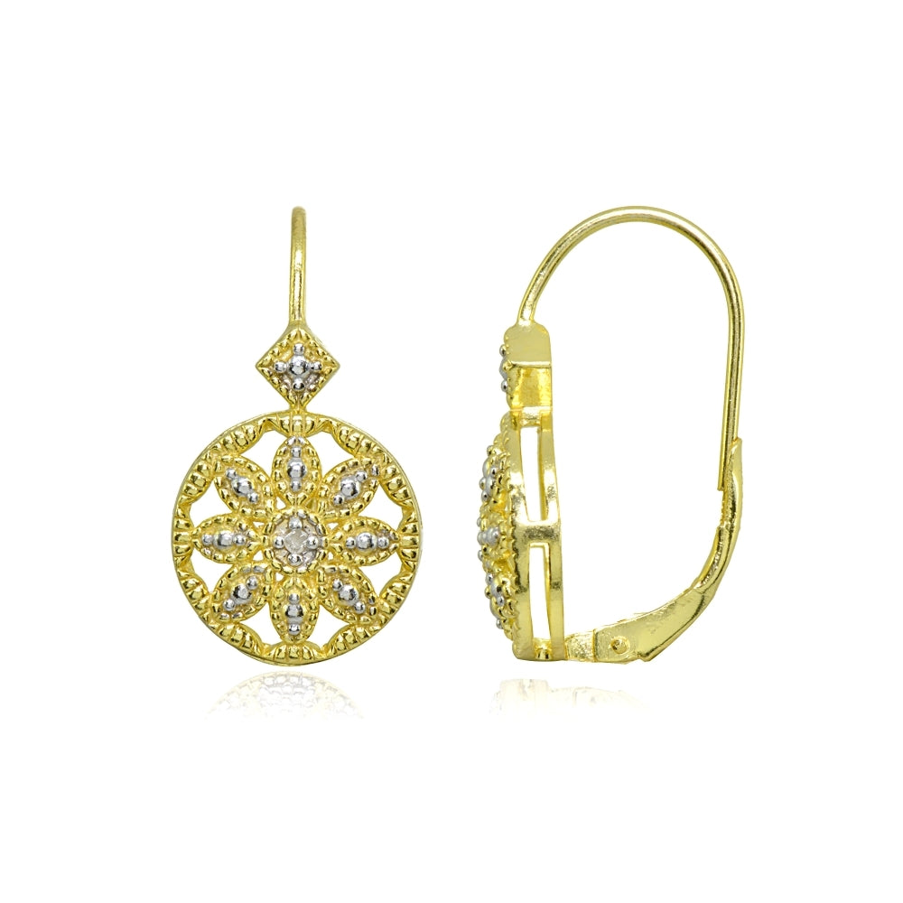 Gold Flash Sterling Silver Diamond Accent Filigree Flower Medallion Round Leverback Drop Earrings-3
