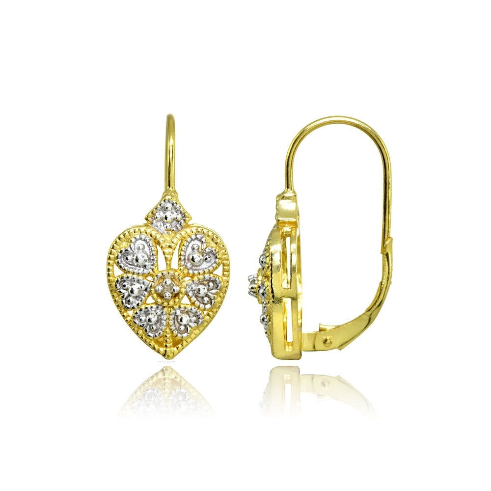 Gold Flash Sterling Silver Diamond Accent Filigree Flower Heart Leverback Drop Earrings-2