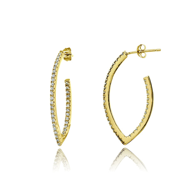 Yellow Gold Flashed Sterling Silver Cubic Zirconia Inside Out Marquise 31mm Half Hoop Earrings