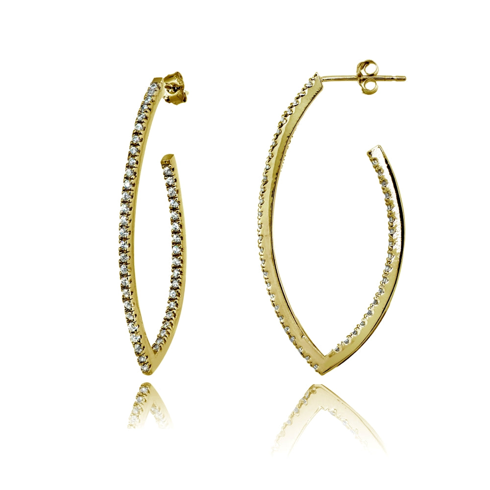 Yellow Gold Flashed Sterling Silver Cubic Zirconia Inside Out Marquise 39mm Half Hoop Earrings