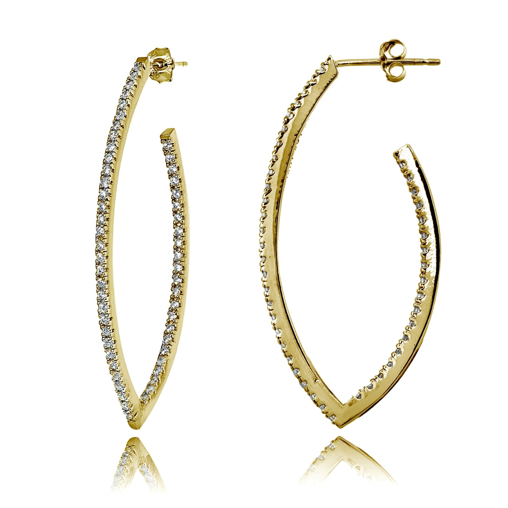 Yellow Gold Flashed Sterling Silver Cubic Zirconia Inside Out Marquise 46mm Half Hoop Earrings