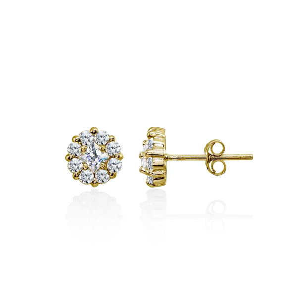 Yellow Gold Flashed Sterling Silver Cubic Zirconia Princess-Cut and Round-Cut Halo 8mm Stud Earrings