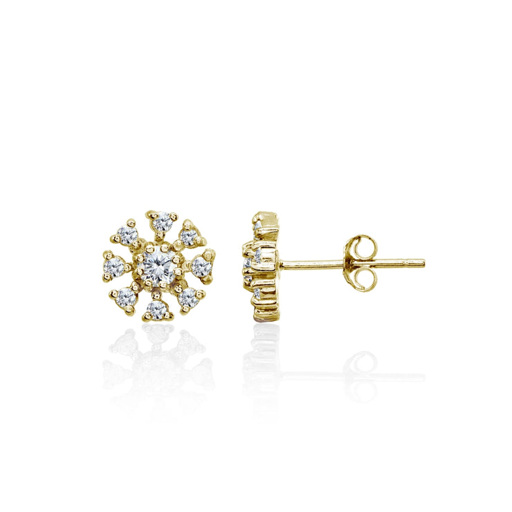 Yellow Gold Flashed Sterling Silver Polished Cubic Zirconia Round-Cut Snowflake 9mm Stud Earrings