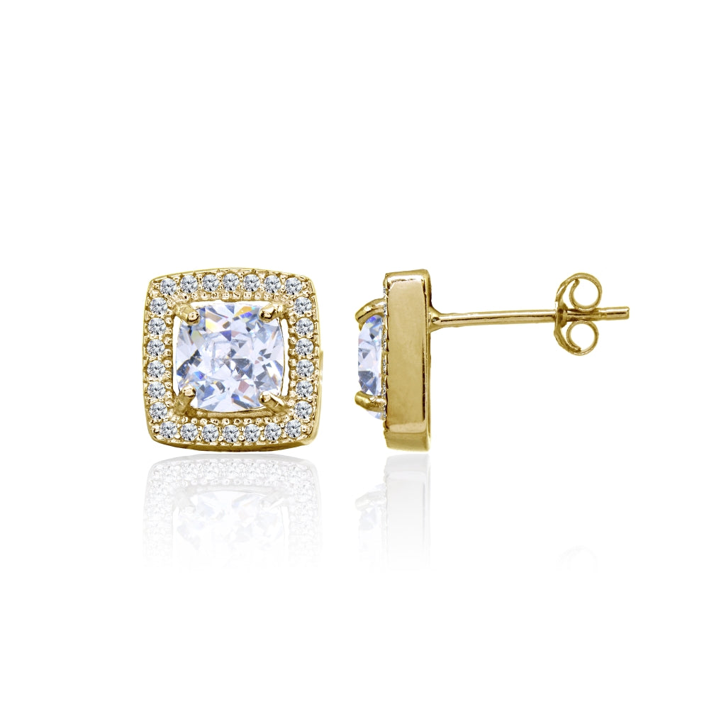 Yellow Gold Flashed Sterling Silver Cubic Zirconia Cushion-Cut Halo 10mm Stud Earrings