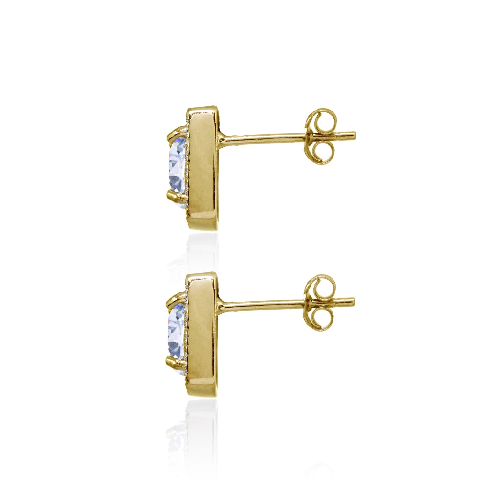 Yellow Gold Flashed Sterling Silver Cubic Zirconia Cushion-Cut Halo 10mm Stud Earrings-2