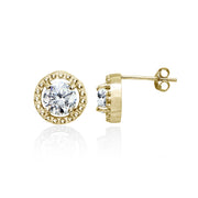 Yellow Gold Flashed Sterling Silver Cubic Zirconia Round-Cut Beaded Halo 10mm Stud Earrings