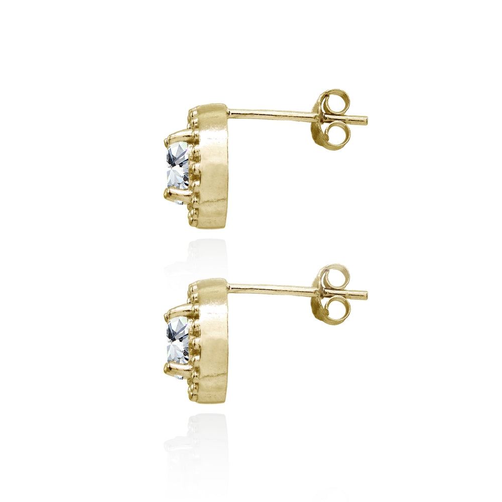 Yellow Gold Flashed Sterling Silver Cubic Zirconia Round-Cut Beaded Halo 10mm Stud Earrings-2
