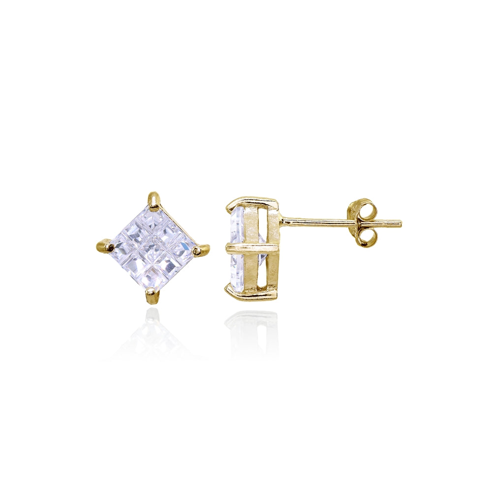 Yellow Gold Flashed Sterling Silver Cubic Zirconia Princess-Cut Checkerboard 10mm Stud Earrings