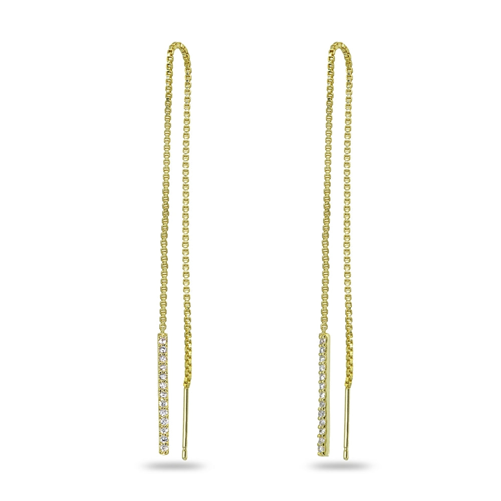 Yellow Gold Flashed Sterling Silver Cubic Zirconia Bar Dangle Chain Long Drop Wrap Tassel Threader Earrings