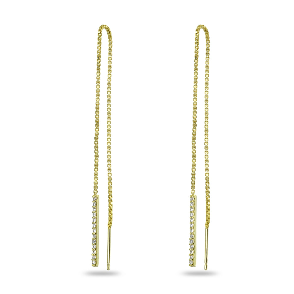Yellow Gold Flashed Sterling Silver Cubic Zirconia Bar Dangle Chain Long Drop Wrap Tassel Threader Earrings-2