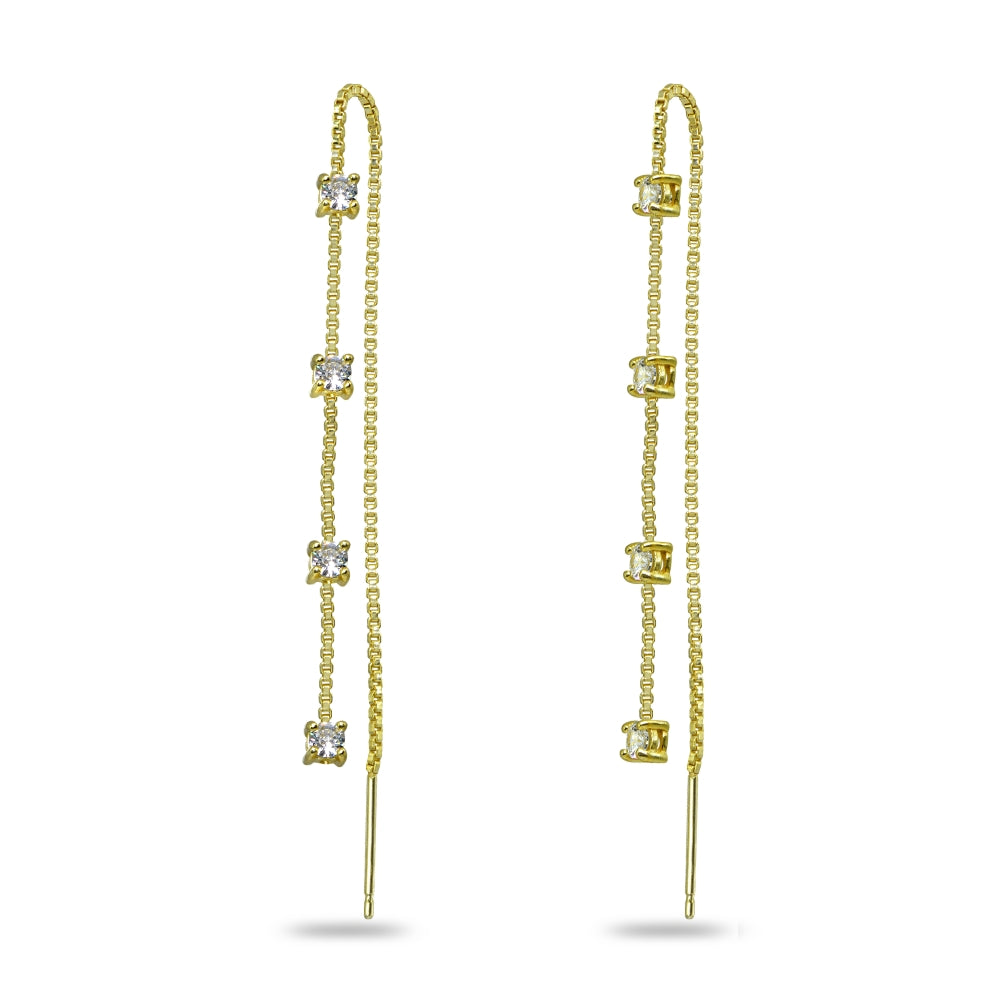 Yellow Gold Flashed Sterling Silver Cubic Zirconia Round Long Dangle Chain Drop Wrap Tassel Threader Earrings