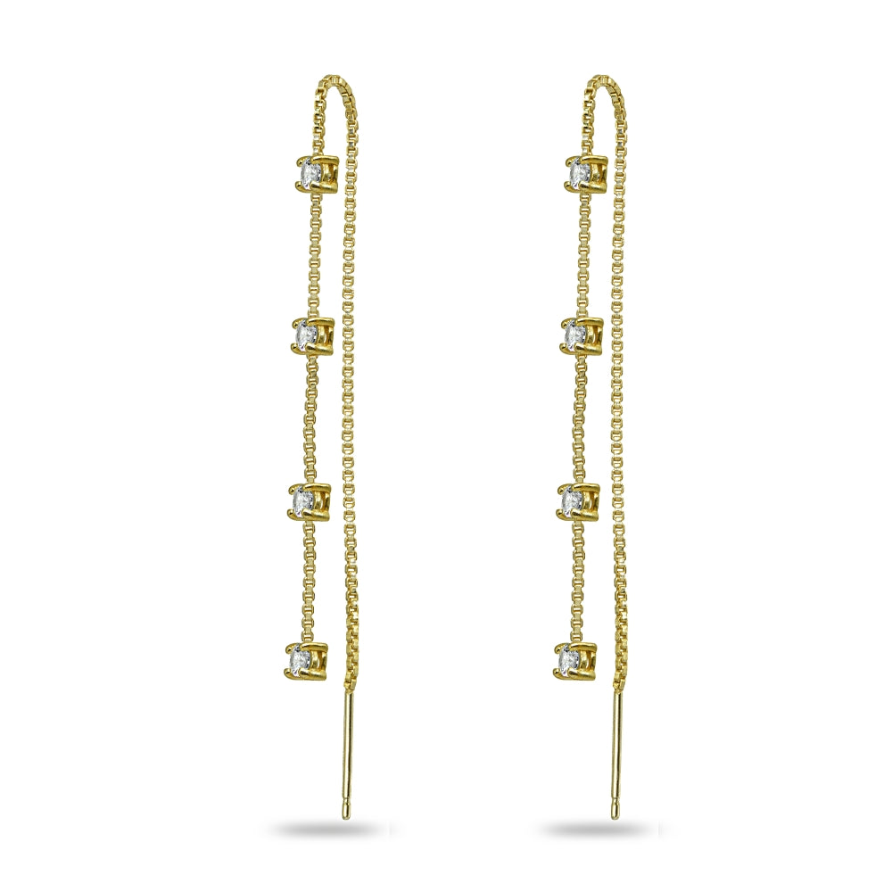 Yellow Gold Flashed Sterling Silver Cubic Zirconia Round Long Dangle Chain Drop Wrap Tassel Threader Earrings-2