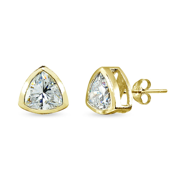 Yellow Gold Flashed Sterling Silver 7mm Trillion-Cut Bezel-Set Solitaire Stud Earrings Made with Swarovski Zirconia