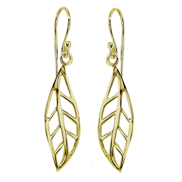 Yellow Gold Flashed Sterling Silver Polished Leaf Fall Autumn Dangle Earrings