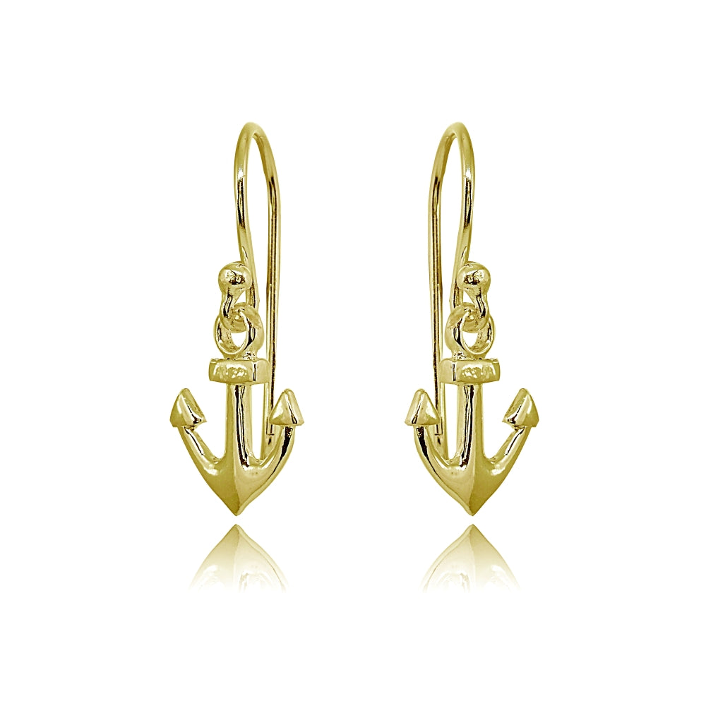 Yellow Gold Flashed Sterling Silver Polished Anchor Nautical Navy Dangle Earrings