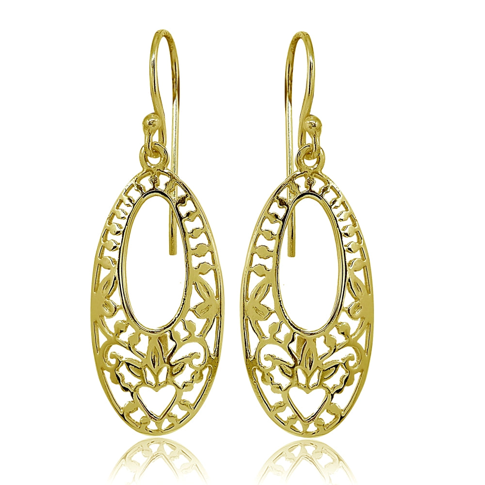 Yellow Gold Flashed Sterling Silver Polished Oval Heart Filigree Cut Out Dangle Earrings