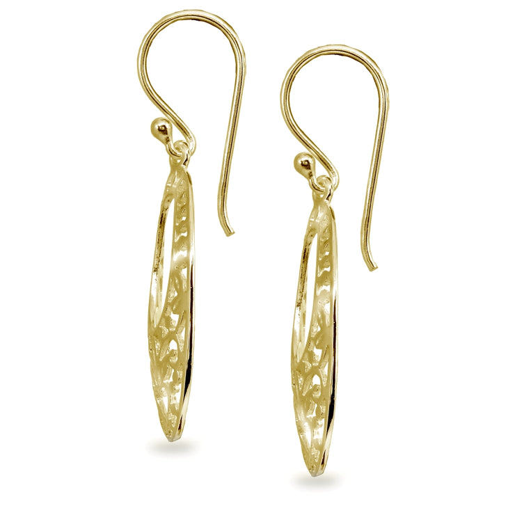 Yellow Gold Flashed Sterling Silver Polished Oval Heart Filigree Cut Out Dangle Earrings