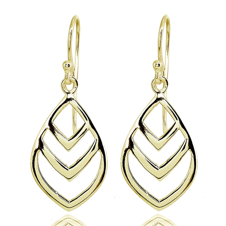 Yellow Gold Flashed Sterling Silver Polished V Chevron Leaf Nature Dangle Earrings