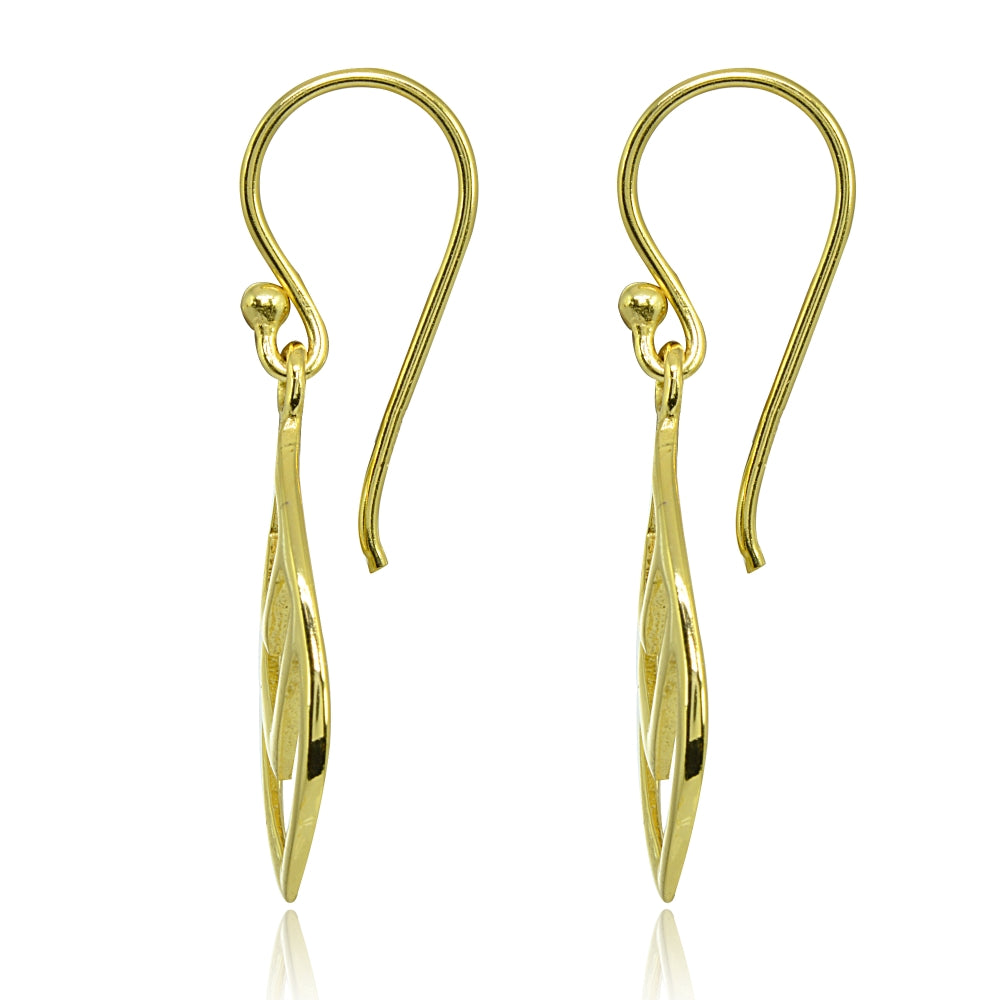 Yellow Gold Flashed Sterling Silver Polished V Chevron Leaf Nature Dangle Earrings-2