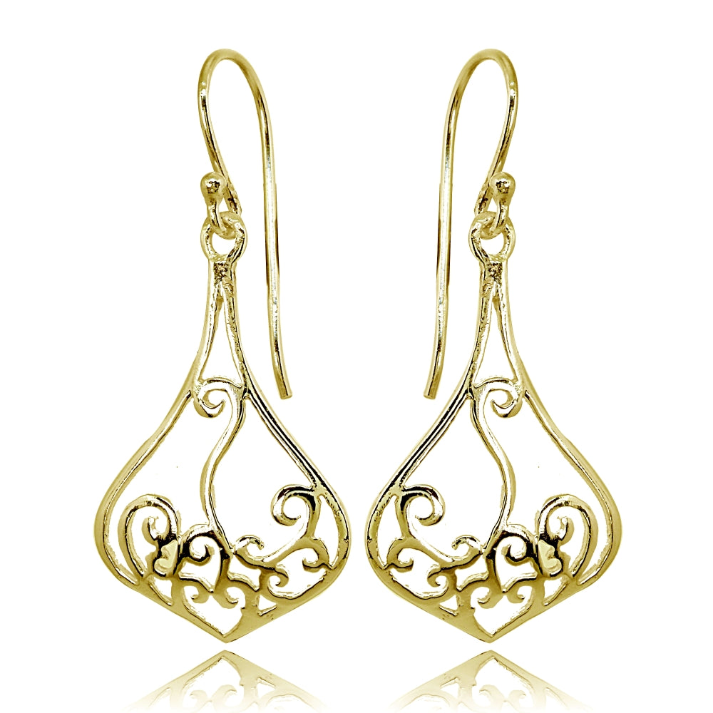 Yellow Gold Flashed Sterling Silver Polished Teardrop Filigree Swirl Dangle Earrings