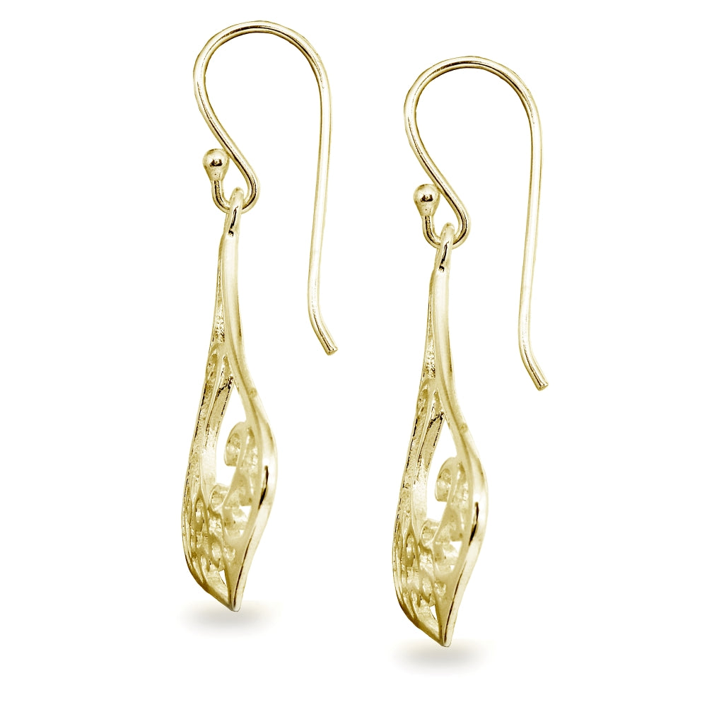 Yellow Gold Flashed Sterling Silver Polished Teardrop Filigree Swirl Dangle Earrings-2