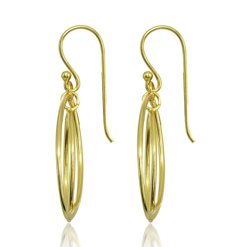 Yellow Gold Flashed Sterling Silver Polished Layered Almond Shape Dangle Earrings-2