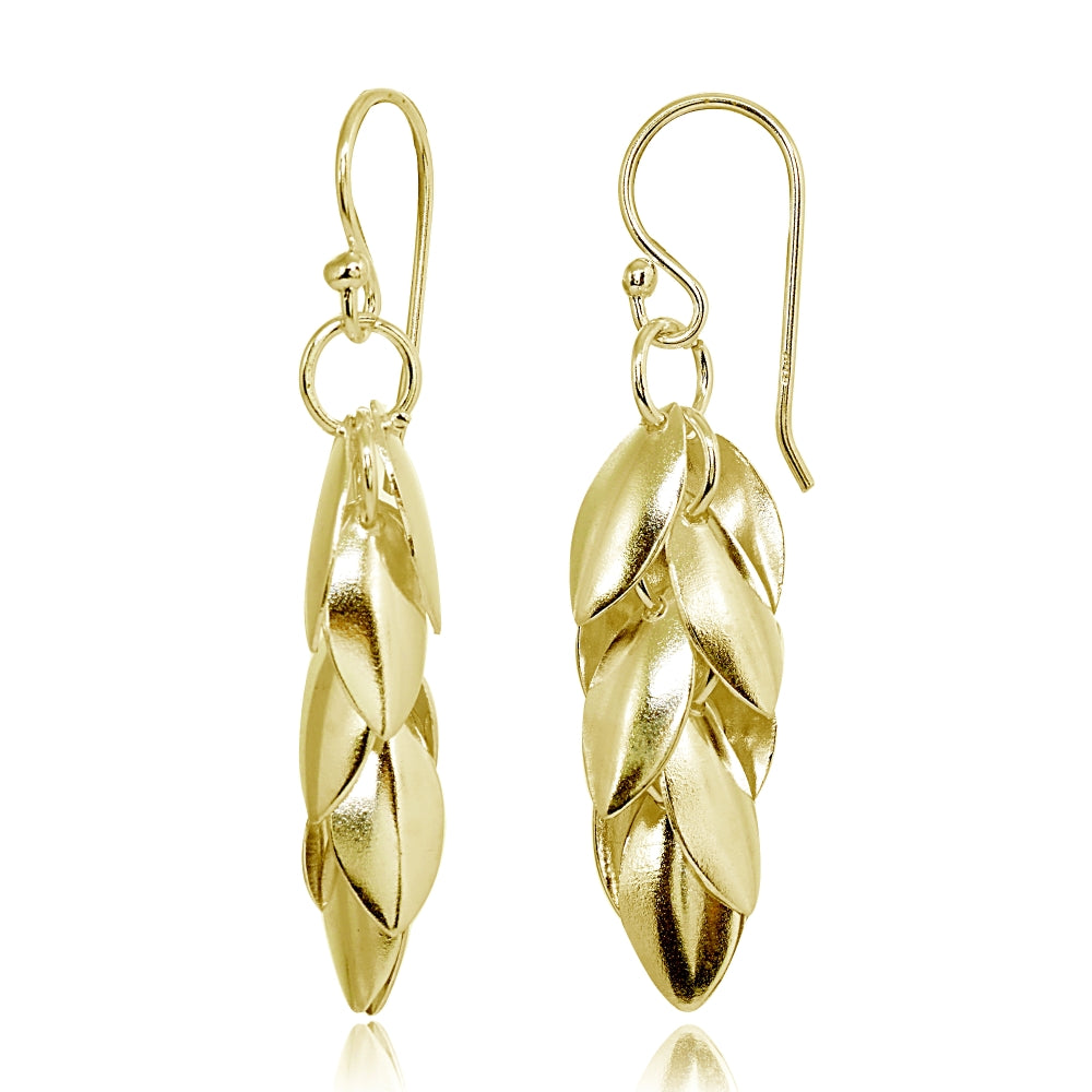 Yellow Gold Flashed Sterling Silver Polished Leaf Petals Dangle Drop Earrings