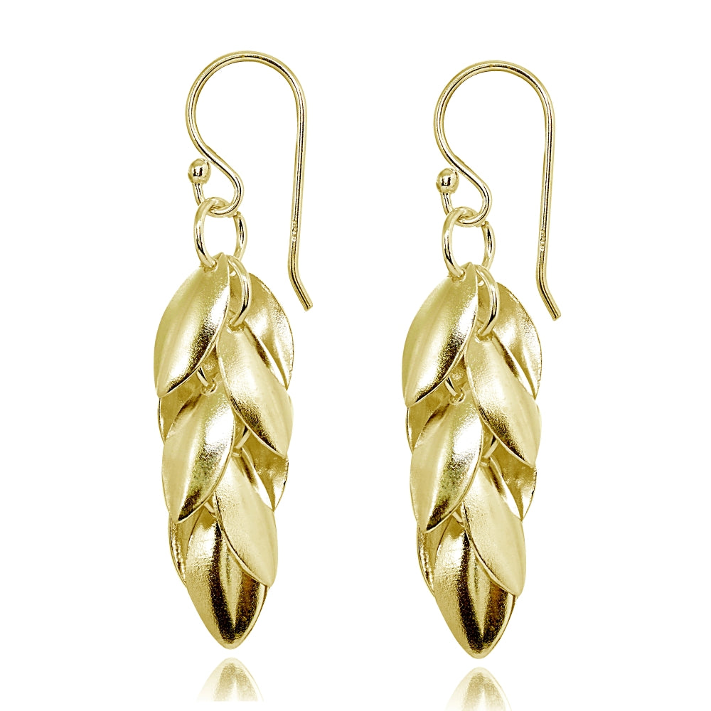 Yellow Gold Flashed Sterling Silver Polished Leaf Petals Dangle Drop Earrings-2