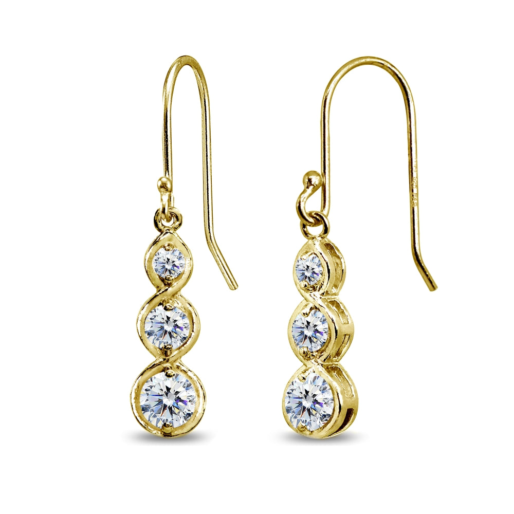 Yellow Gold Flashed Sterling Silver Round Three Stone Journey Infinity Dangle Earrings Made with Swarovski Zirconia