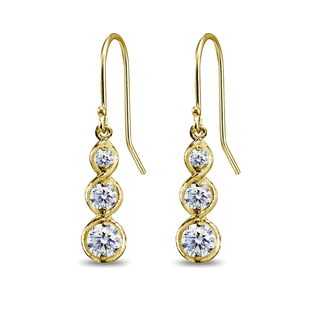 Yellow Gold Flashed Sterling Silver Round Three Stone Journey Infinity Dangle Earrings Made with Swarovski Zirconia-3
