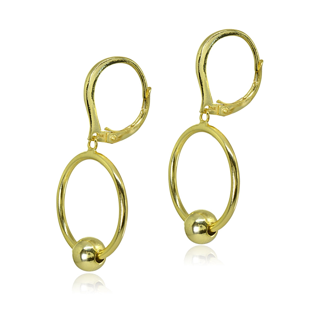 Yellow Gold Flashed Sterling Silver Polished Frontal Hoop Circle Bead Drop Dangle Leverback Earrings-2