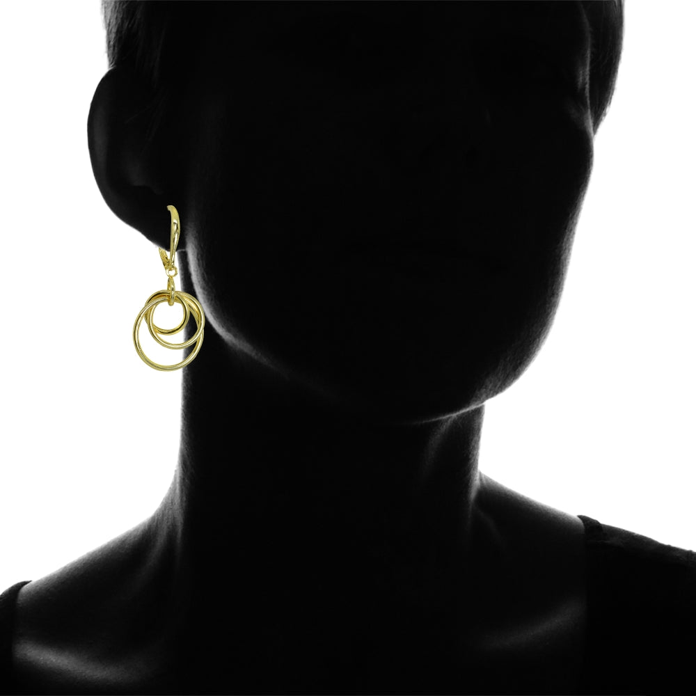Yellow Gold Flashed Sterling Silver Polished Frontal Hoops Interlocking Circle Link Drop Dangle Leverback Earrings-3