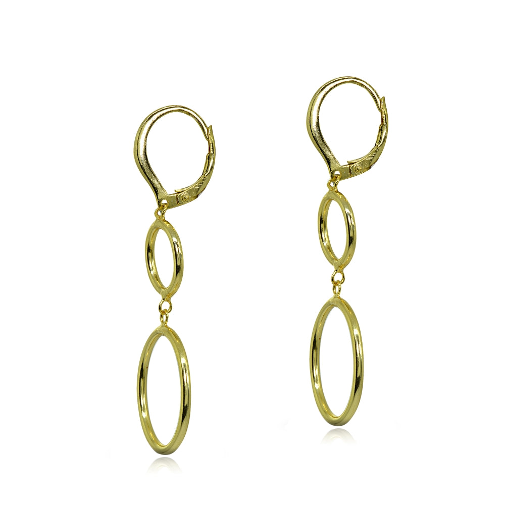 Yellow Gold Flashed Sterling Silver Polished Double Frontal Hoops Circles Drop Dangle Leverback Earrings-2