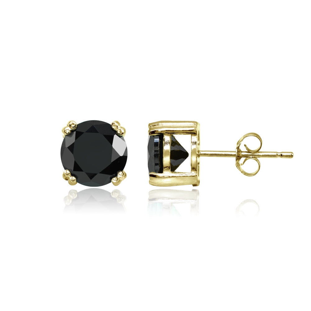 Yellow Gold Flashed Sterling Silver Black Cubic Zirconia 8mm Round Solitaire Small Stud Earrings