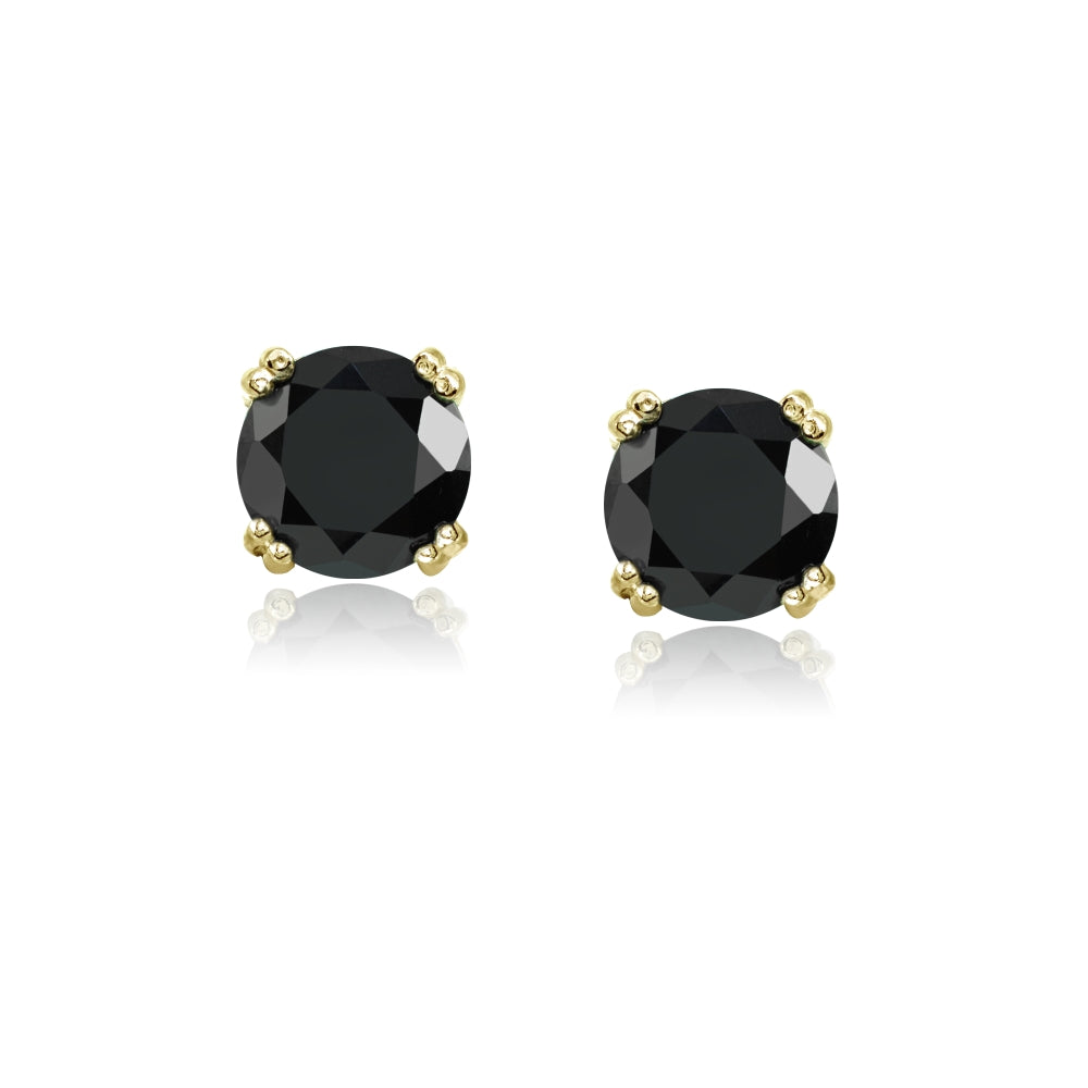 Yellow Gold Flashed Sterling Silver Black Cubic Zirconia 8mm Round Solitaire Small Stud Earrings-2