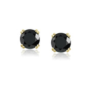 Yellow Gold Flashed Sterling Silver Black Cubic Zirconia 8mm Round Solitaire Small Stud Earrings
